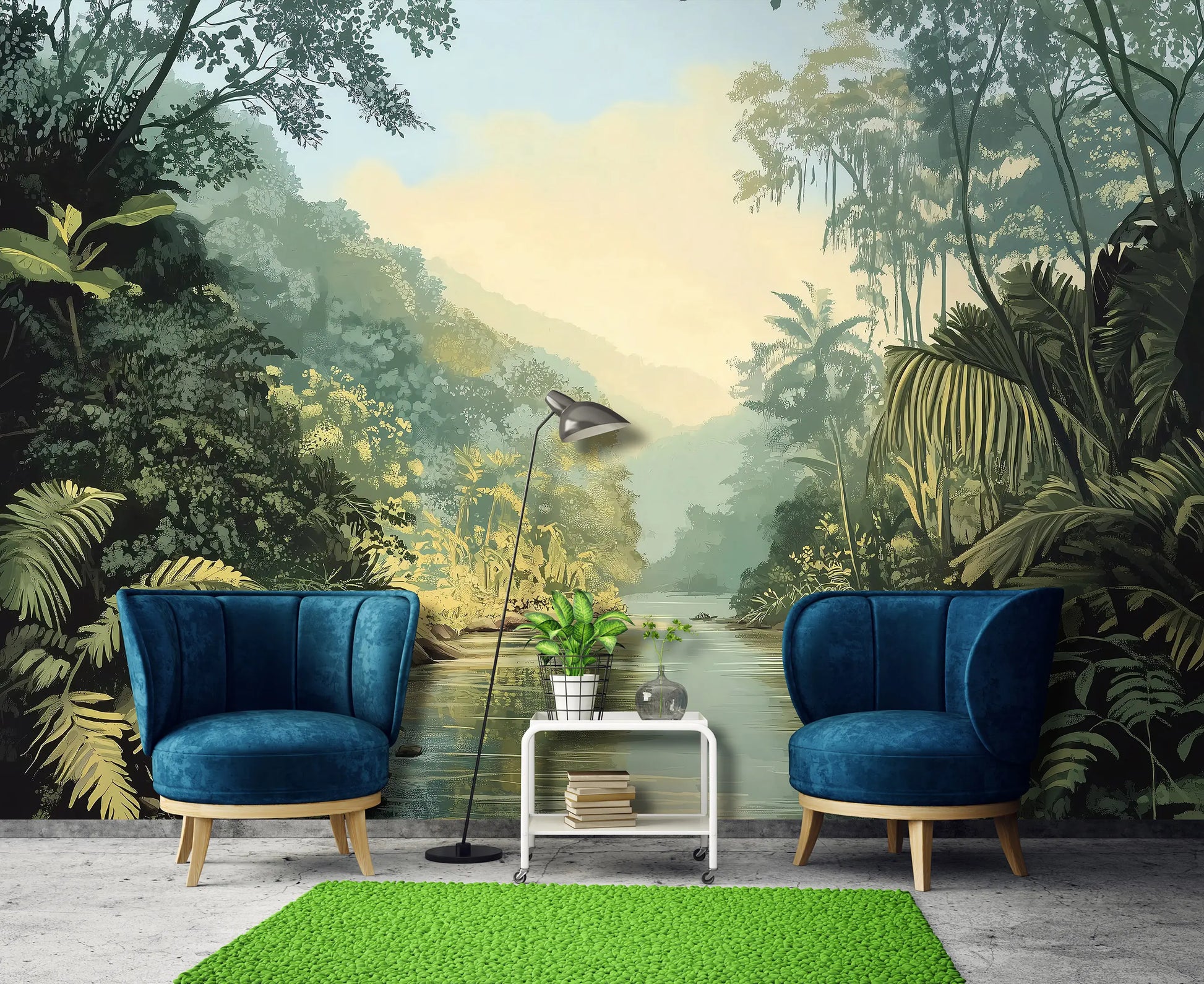 Two blue armchairs in a room with a jungle mural on the wall.