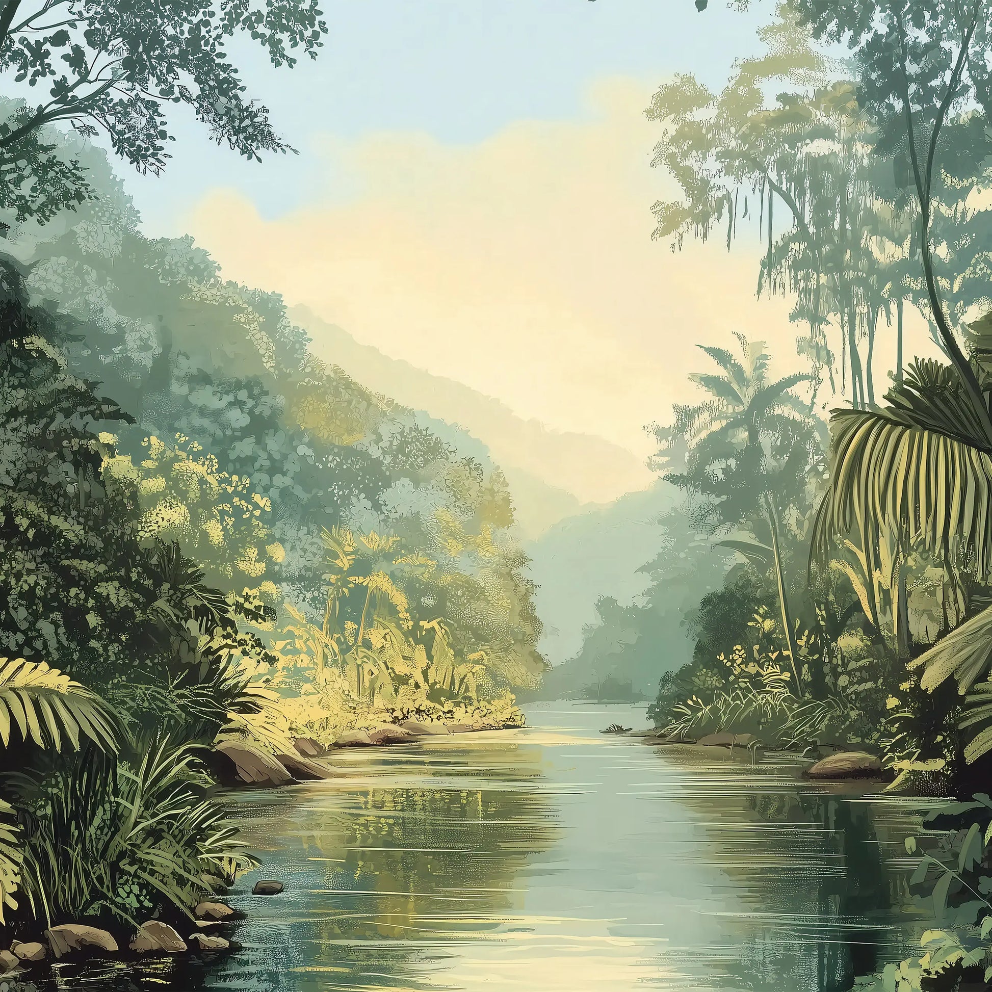 Jungle scene with a river and lush greenery
