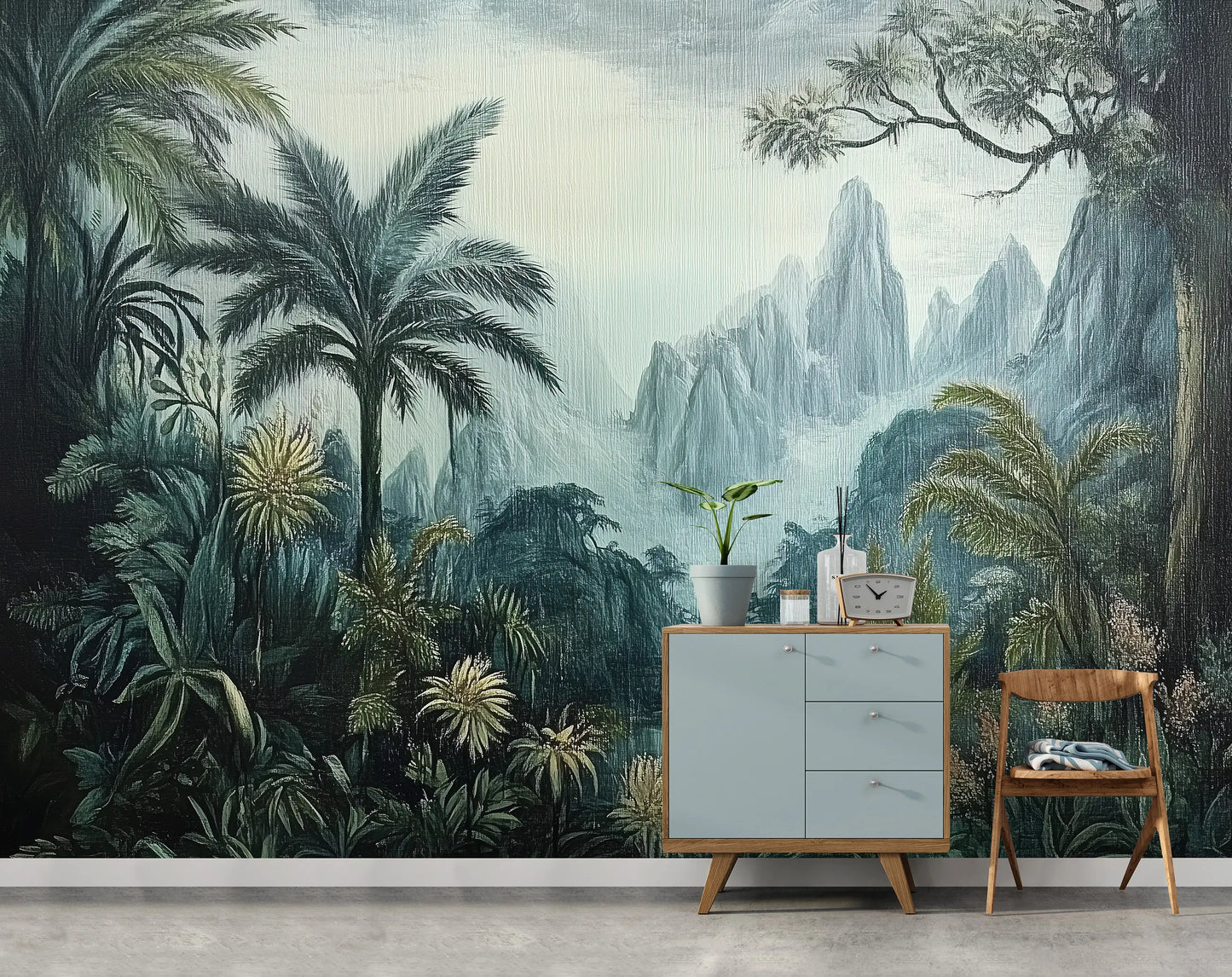 Room interior with a tropical mural featuring palm trees and mountains.
