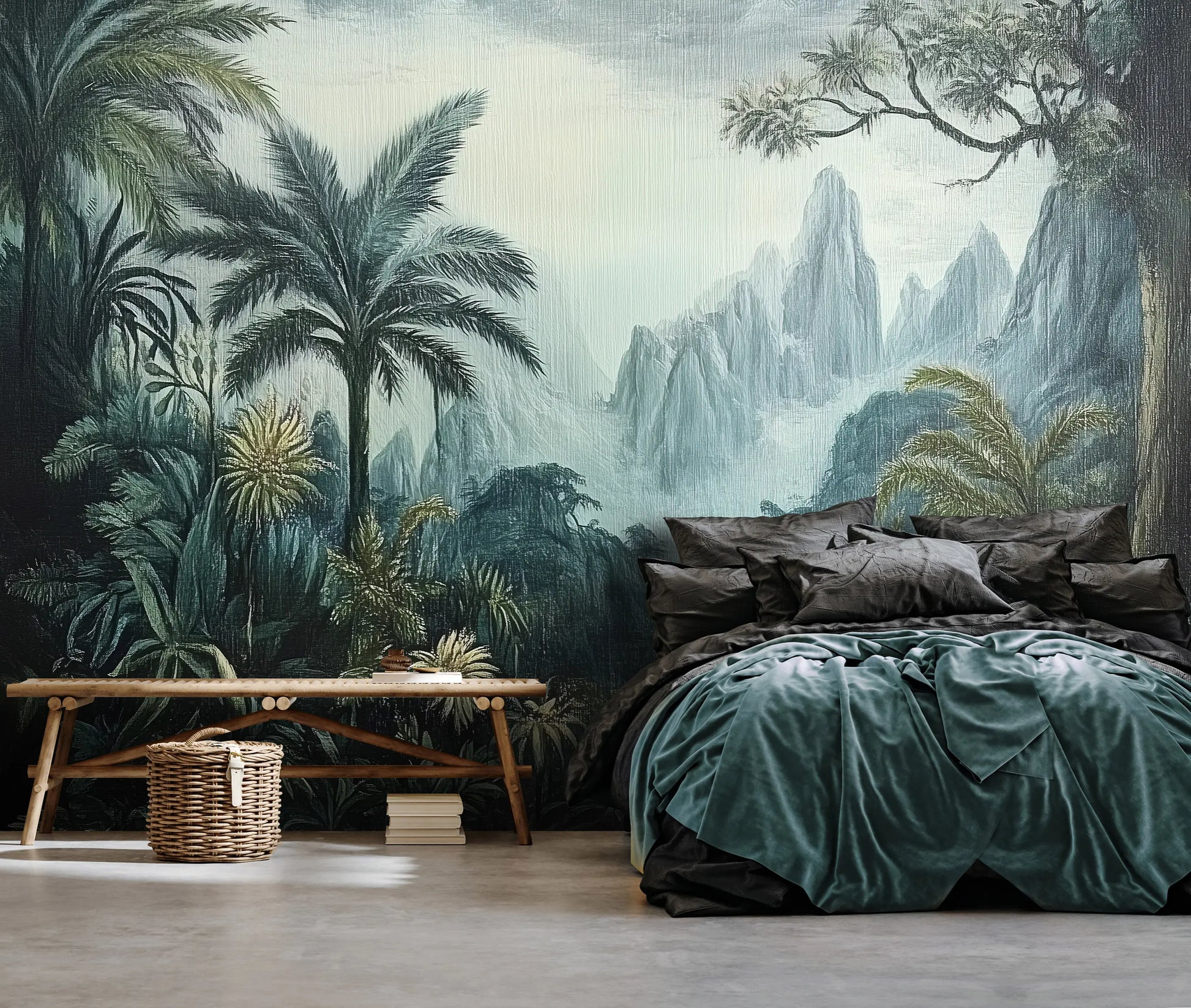Bedroom with a tropical mural featuring palm trees and mountains.