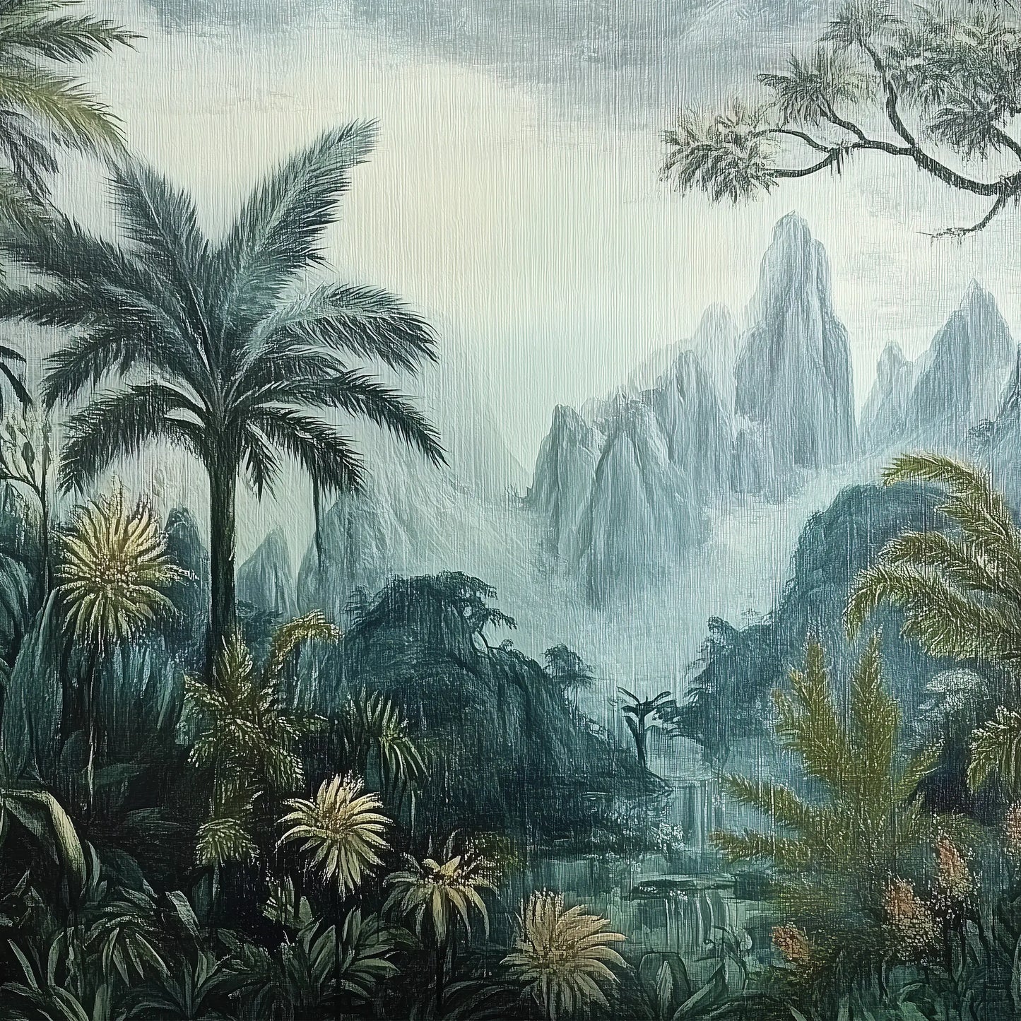 Jungle scene with palm trees, flowers, and mountains in the background