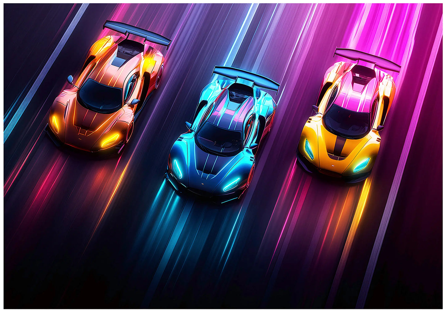 Three futuristic cars with vibrant neon lights on a dark background