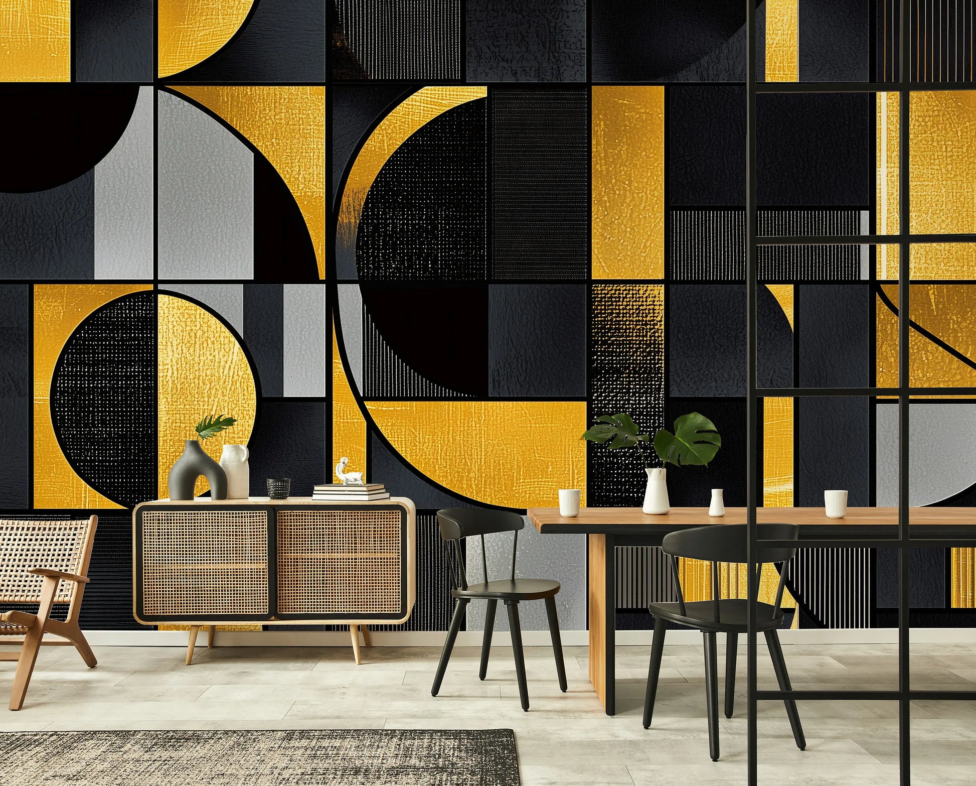 Modern dining room with geometric wall art, black and gold color scheme  photo wallpaper