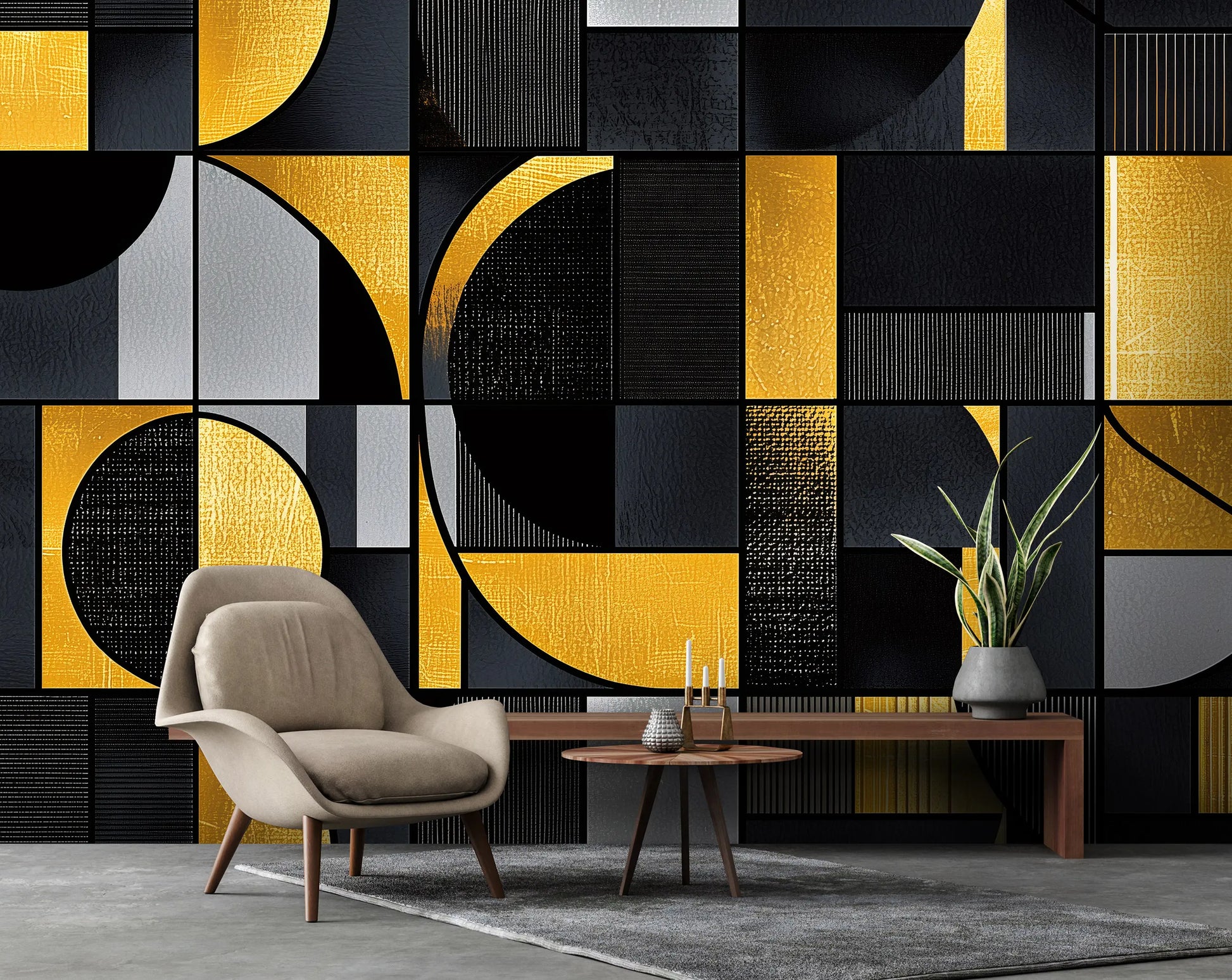 Modern living room with geometric wall art photo wallpaper