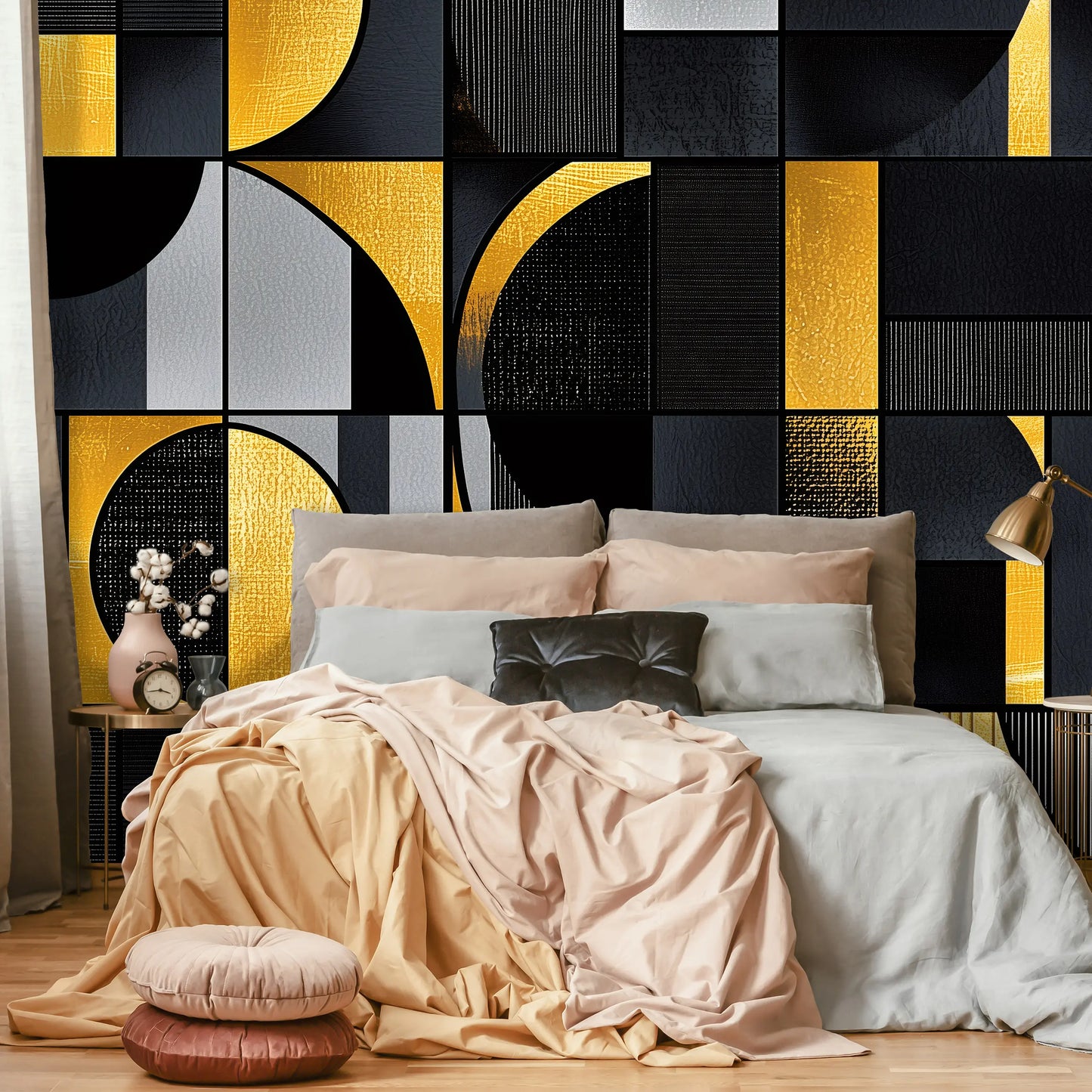 Geometric Shapes Modern Black and Gold Non-woven Photo Wallpaper (W x H) 312 cm x 219 cm (123" x 86")