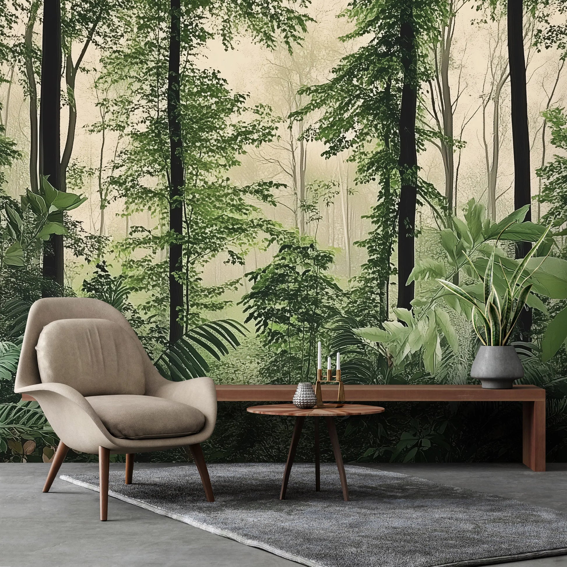 Modern interior with a chair, table, and plants against a forest wall mural.