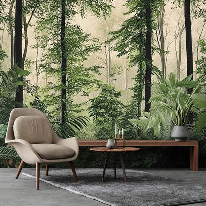 Modern interior with a chair, table, and plants against a forest wall mural.