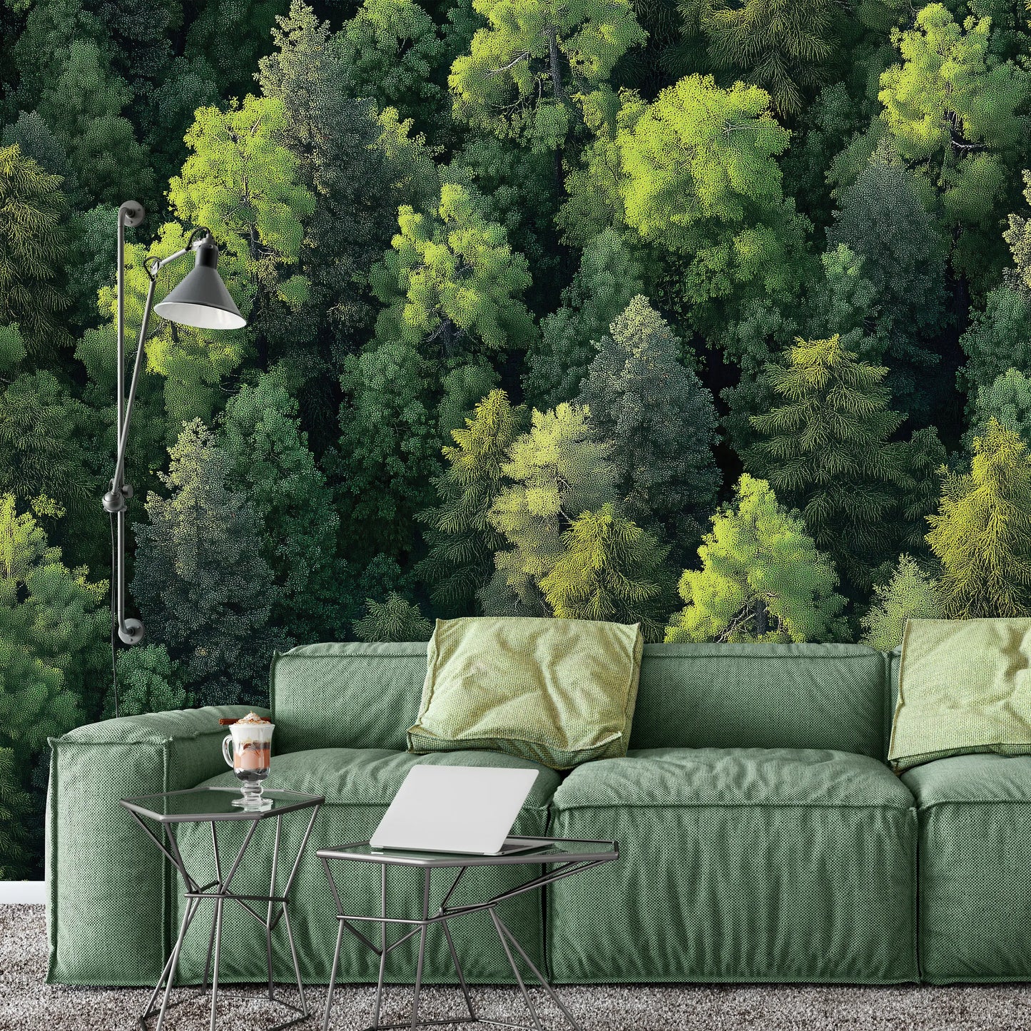 Green sofa with a forest background wallpaper