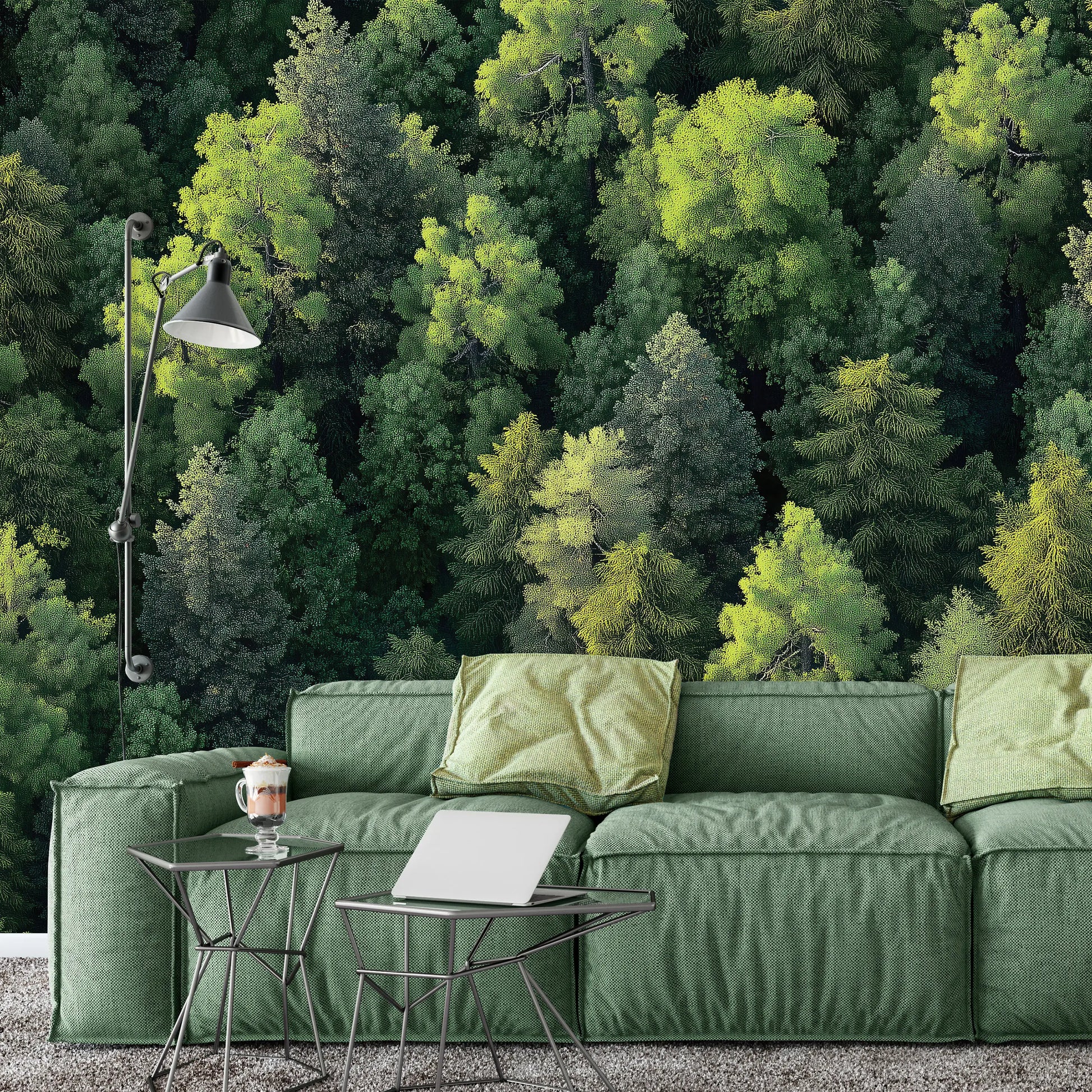 Green sofa with a forest background wallpaper