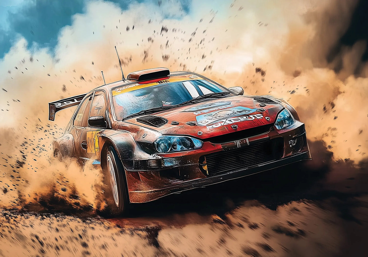 Racing car on a dirt track with dust around