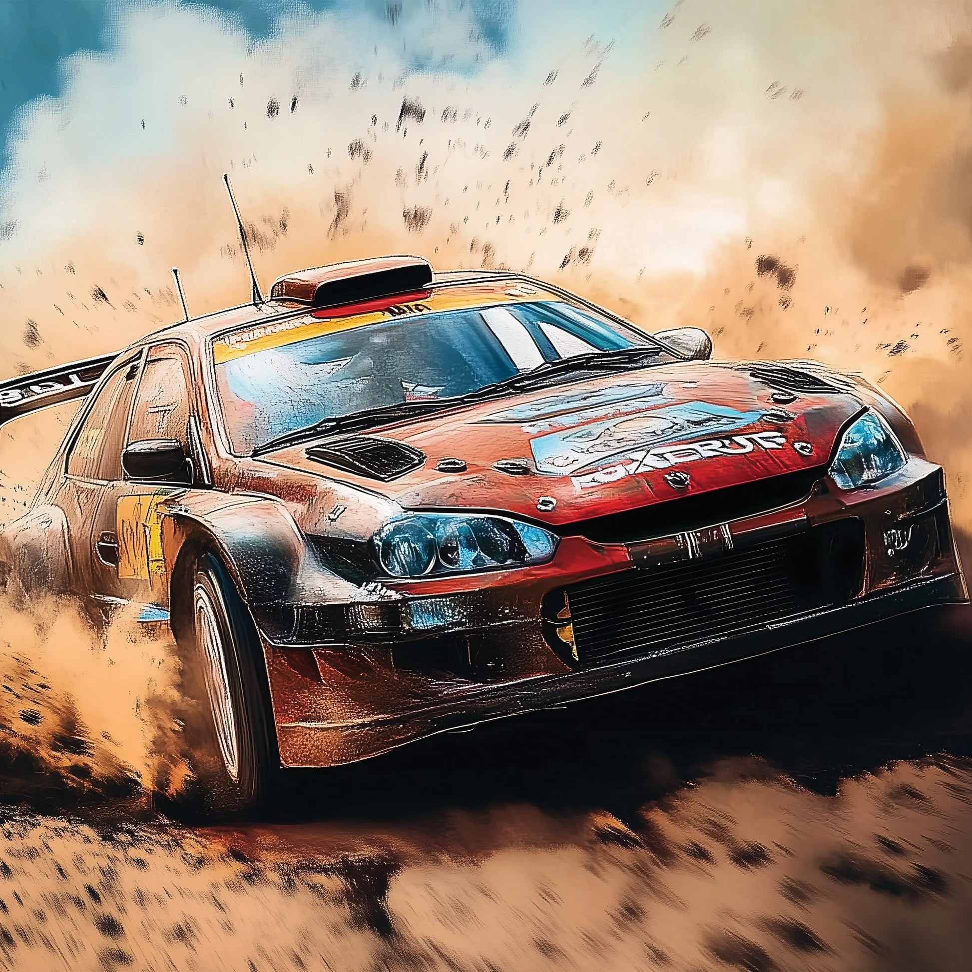 Racing car on a dirt track with dust around