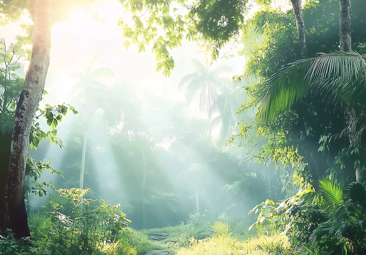 Sunlight filtering through the trees in a dense forest wallpaper