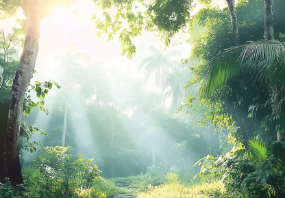 Sunlight filtering through the trees in a dense forest wallpaper