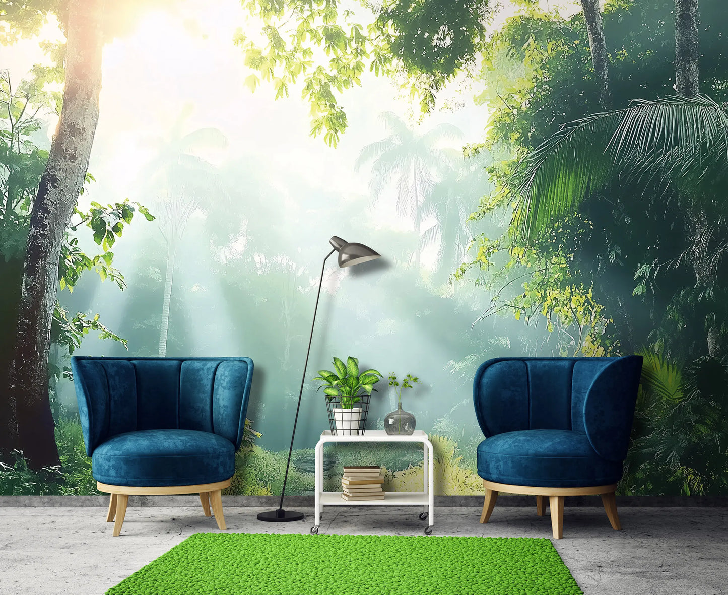 Two blue armchairs with a small table in a room with a forest mural wallpaper