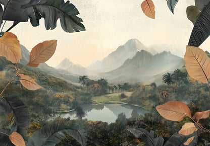 Scenic landscape with mountains, trees, and a lake, framed by leaves photo wallpaper