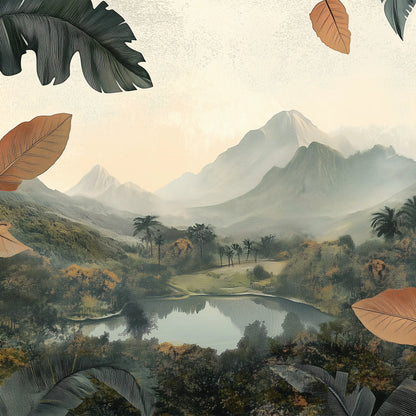 Majestic mountain landscape with a lake, surrounded by lush greenery and leaves photo wallpaper