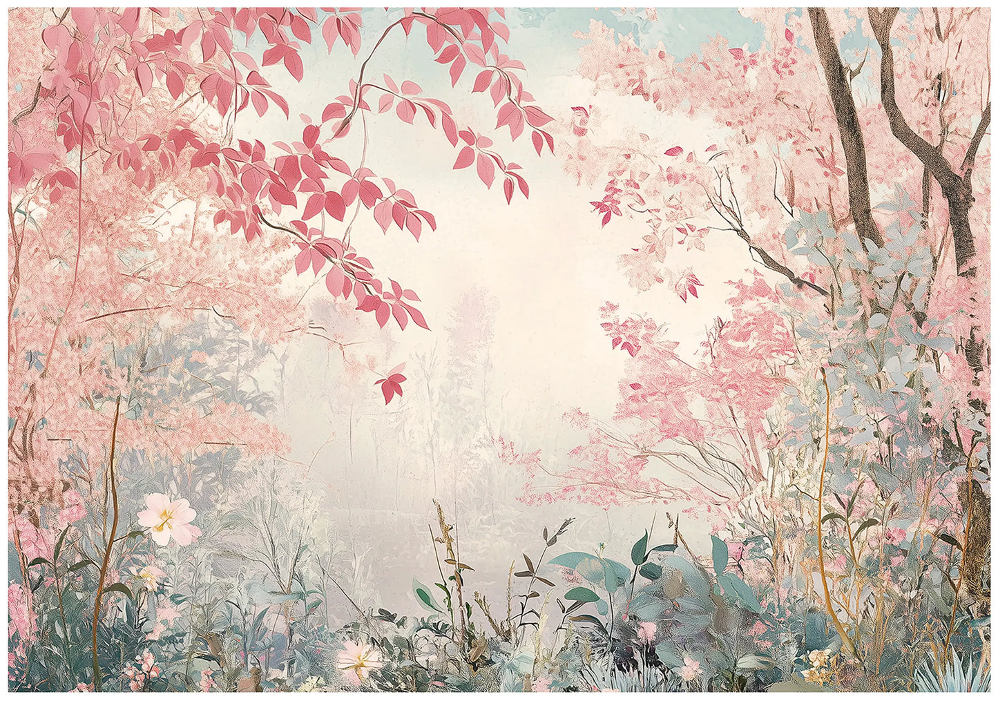 Pastel-colored illustration of a forest with pink leaves and flowers wall mural