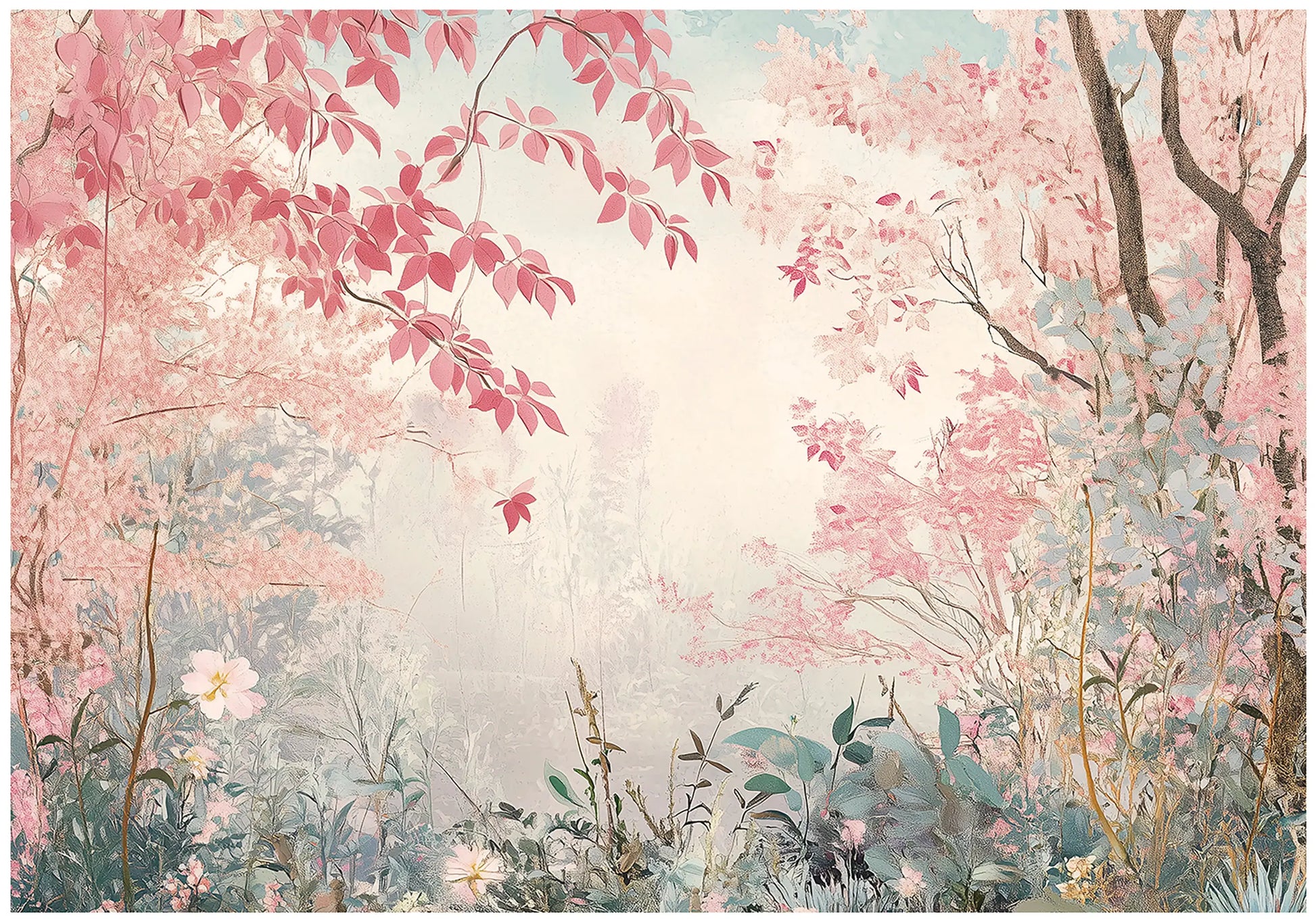 Pastel-colored illustration of a forest with pink leaves and flowers wall mural
