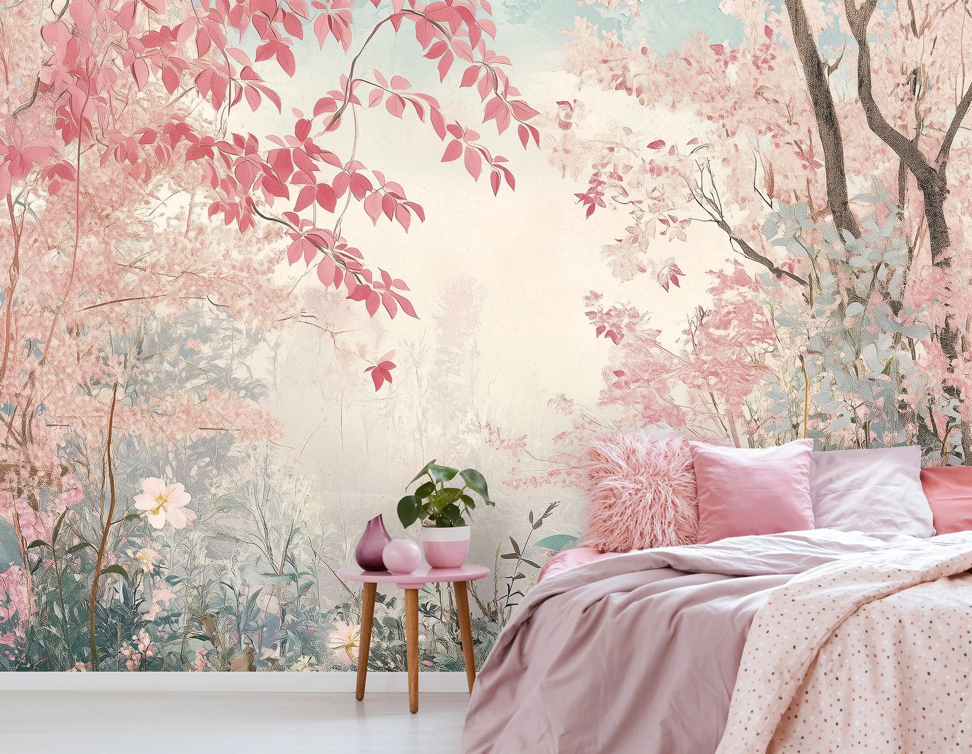 Bedroom with cherry blossom wall mural