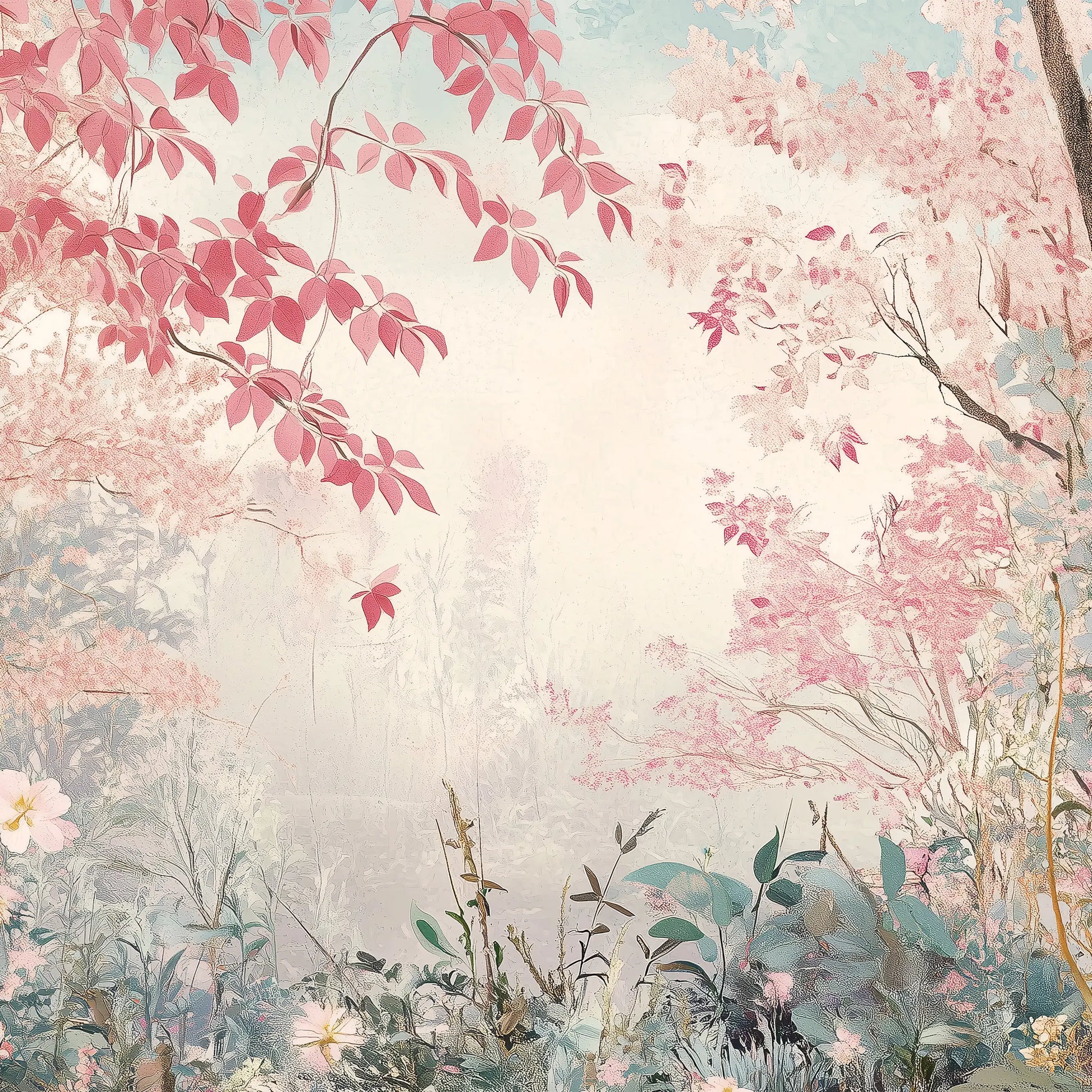 Floral and botanical design with pink leaves and flowers on a soft  wall muralbackground