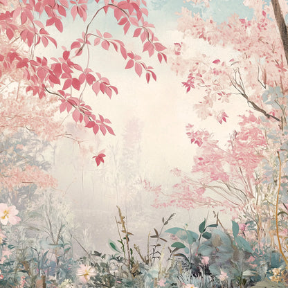 Floral and botanical design with pink leaves and flowers on a soft  wall muralbackground