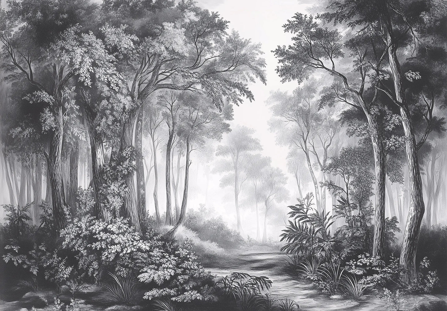 Black and white illustration of a forest scene with trees and underbrush.