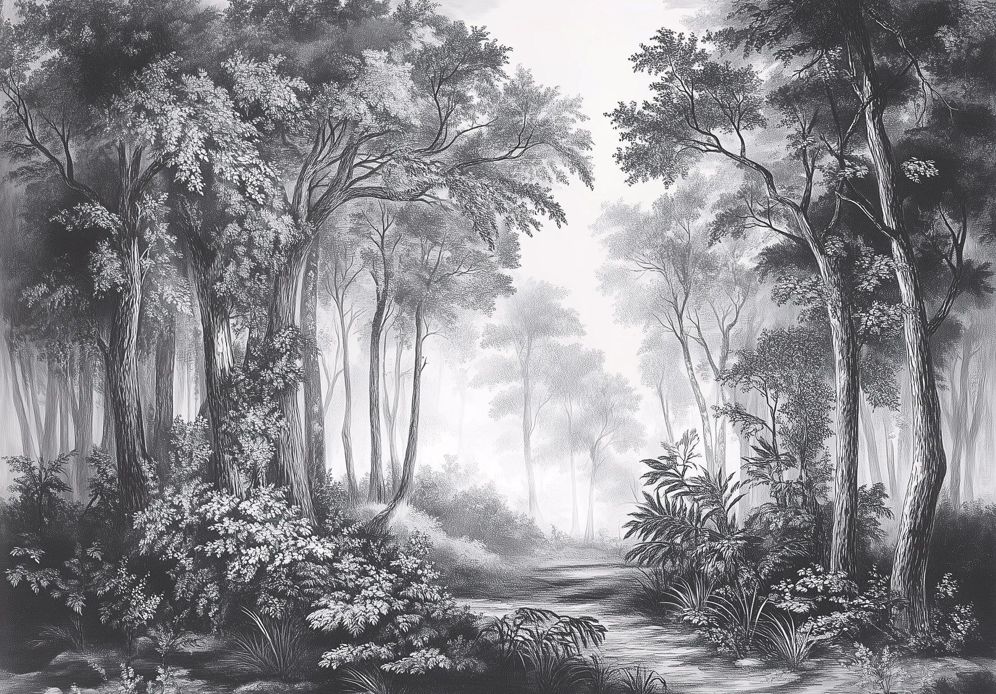 Black and white illustration of a forest scene with trees and underbrush.