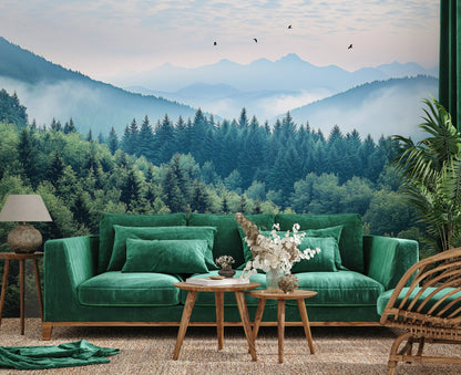 view of mountains and trees photo wallpaper