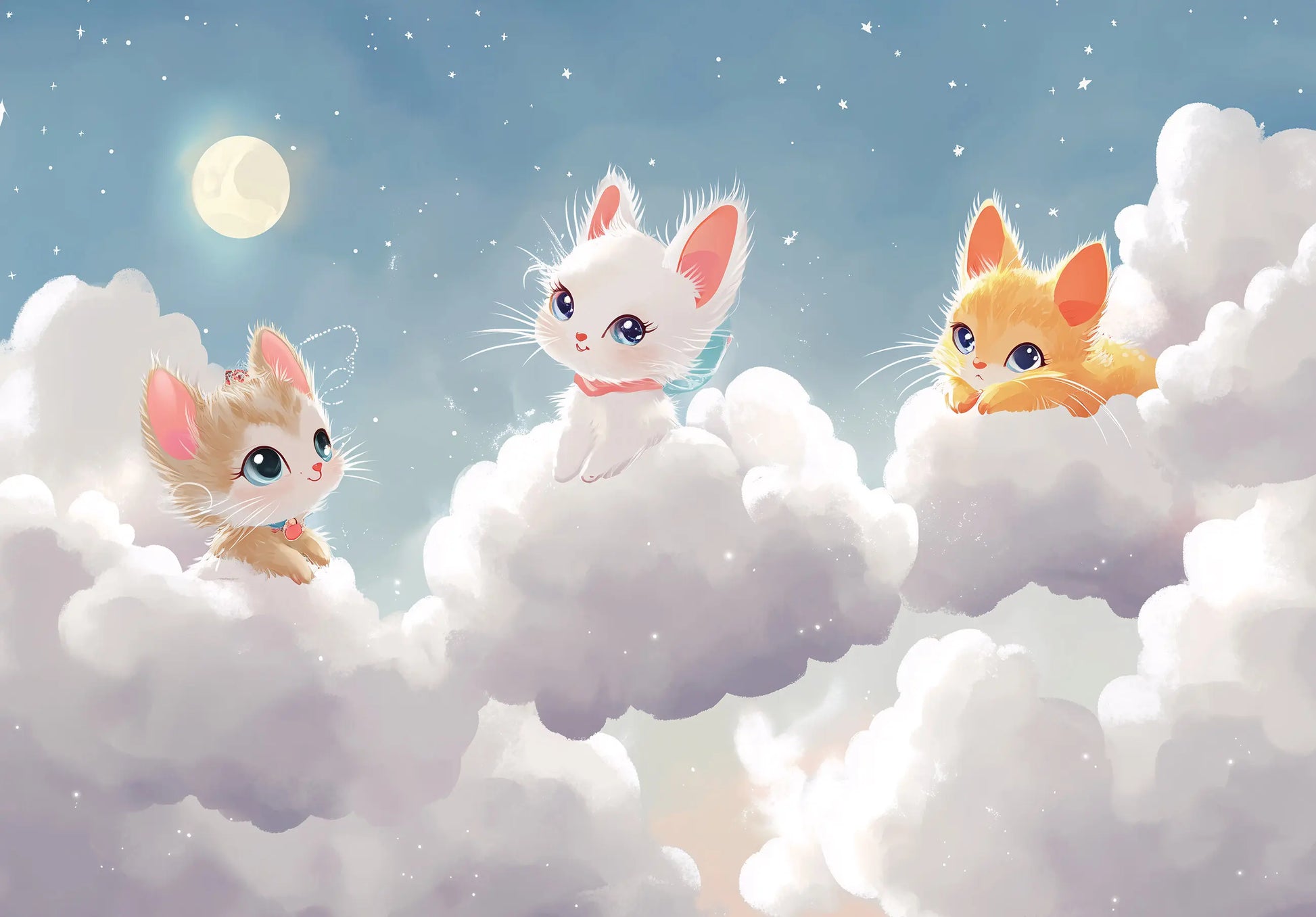 Three cartoon cats sitting on fluffy clouds with a moon in the background
