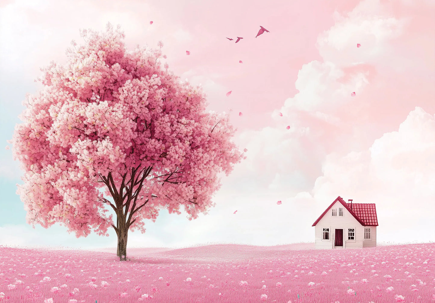 Pink cherry blossom tree and house photo wallpaper