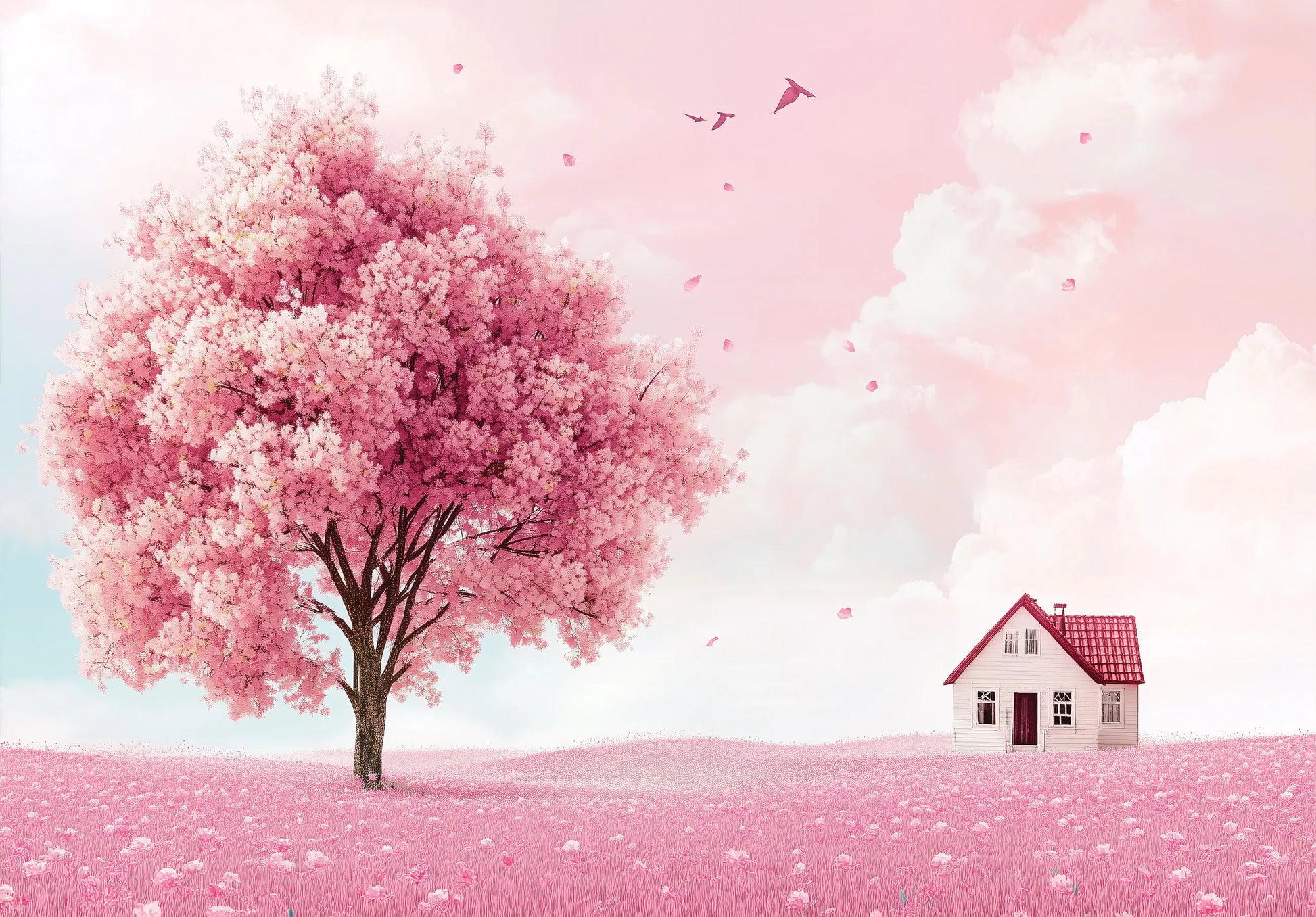 Pink cherry blossom tree and house photo wallpaper