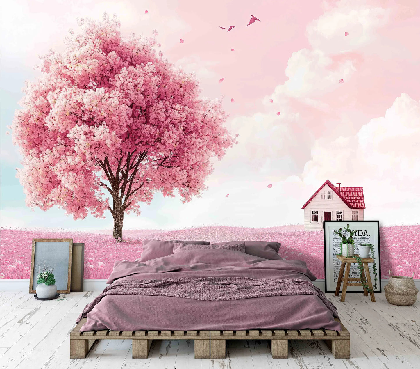 Bedroom with pink floral wall mural