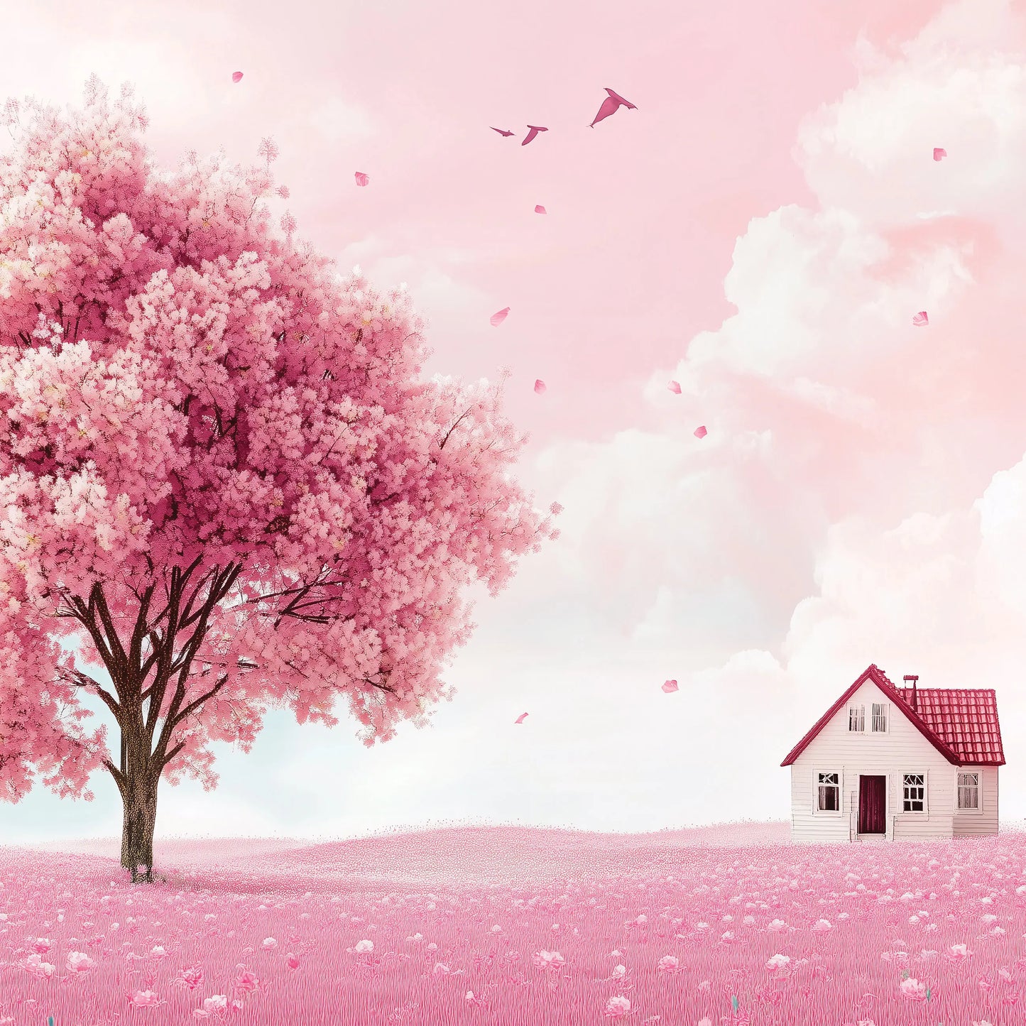 Pink cherry blossom tree and house in a whimsical landscape wallpaper mural