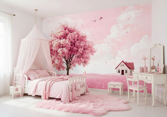 Pink-themed bedroom with tree, house, and decorative elements