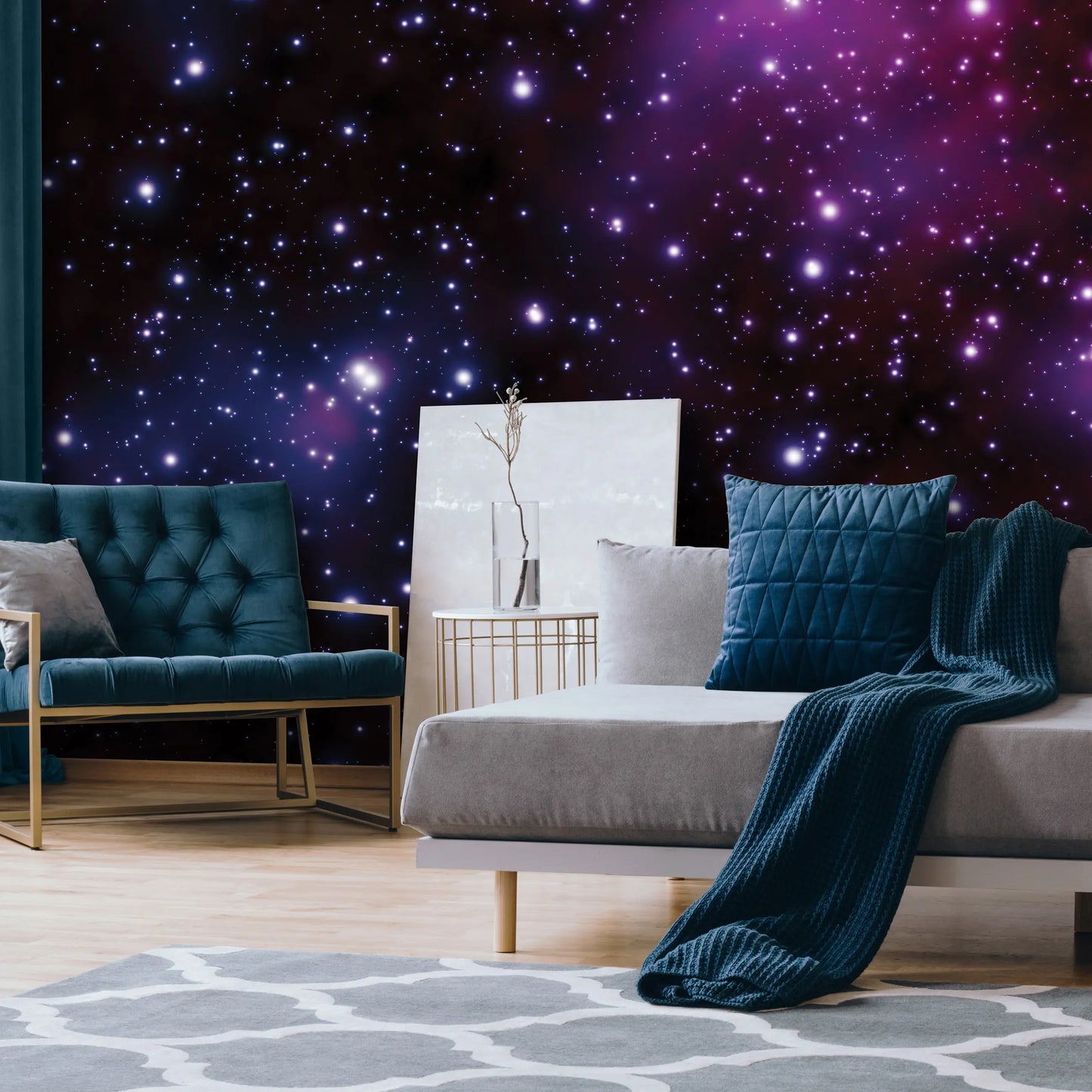 Modern living room with a starry night wall mural