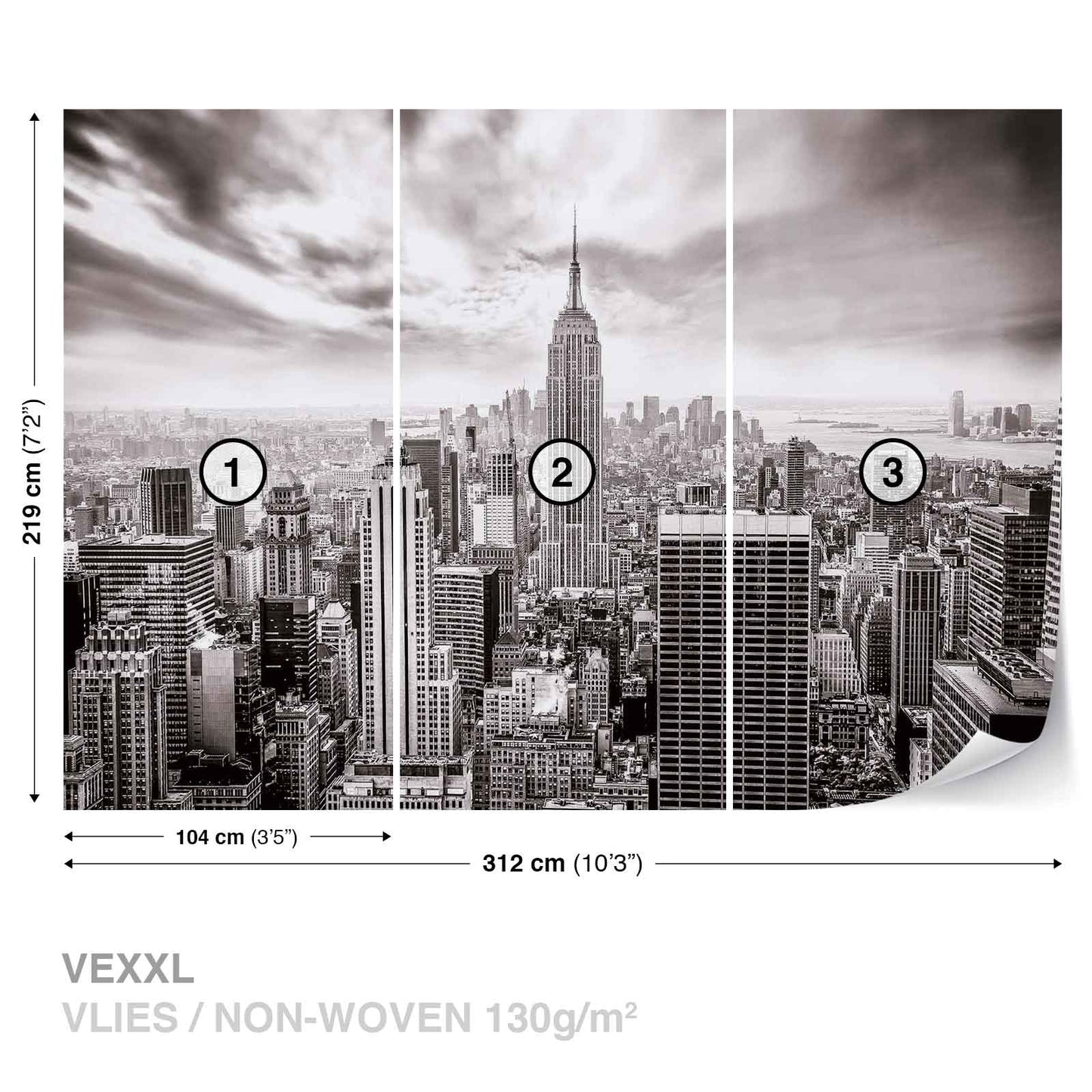 Black and White New York Panorama Cityscape Non-woven Photo Wallpaper (W x H) 312 cm x 219 cm (123" x 86")