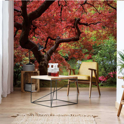 Room with a large tree muraL