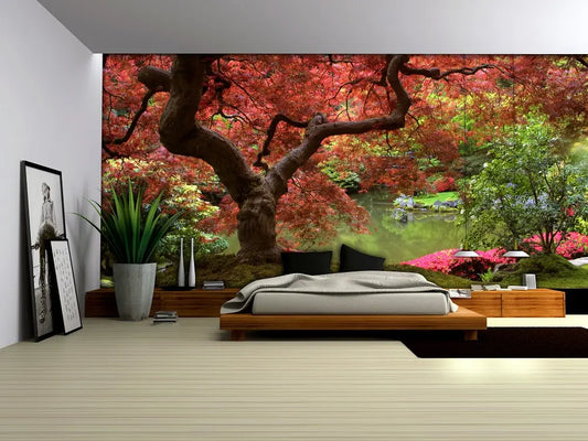 Modern bedroom with a large wall mural of a garden scene.