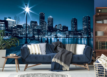 Night City Skyline View Cityscape Non-woven Photo Wallpaper Size Slection