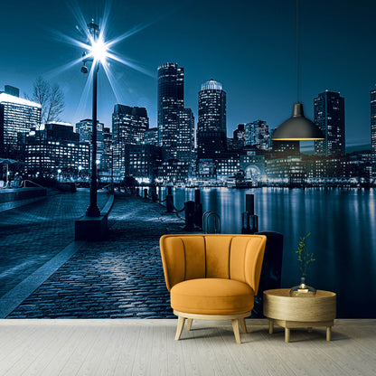 Night City Skyline View Cityscape Non-woven Photo Wallpaper Size Slection