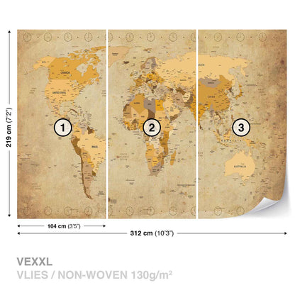 Vintage Map of the World Non-woven Photo Wallpaper (W x H) 312 cm x 219 cm (123" x 86")