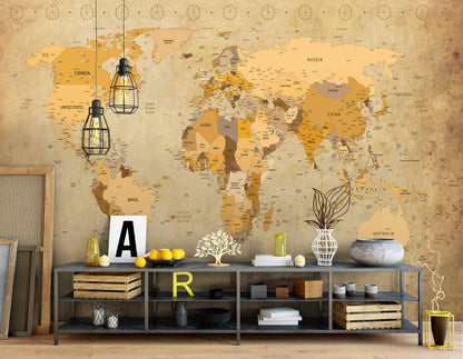 Vintage Map of the World Non-woven Photo Wallpaper (W x H) 312 cm x 219 cm (123" x 86")
