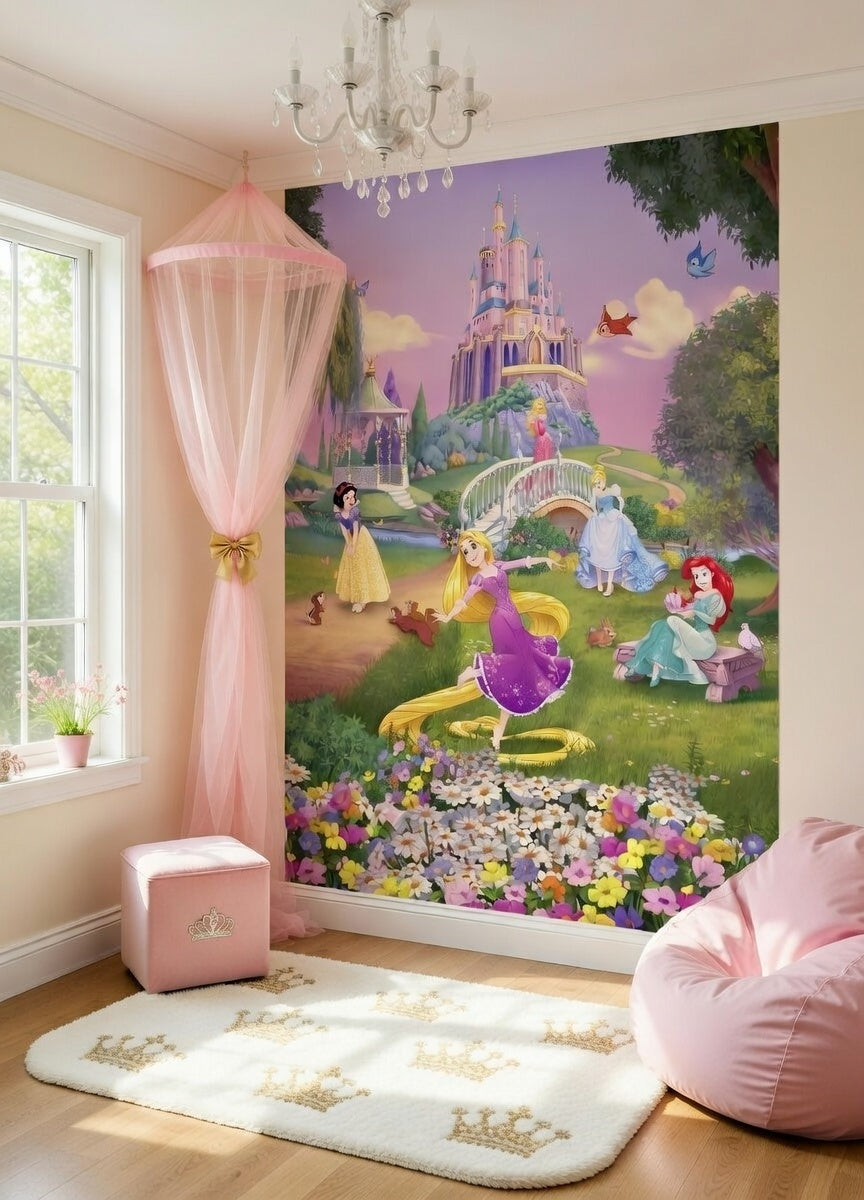Children's room with Disney Princess mural, pink canopy, and bean bag chair.