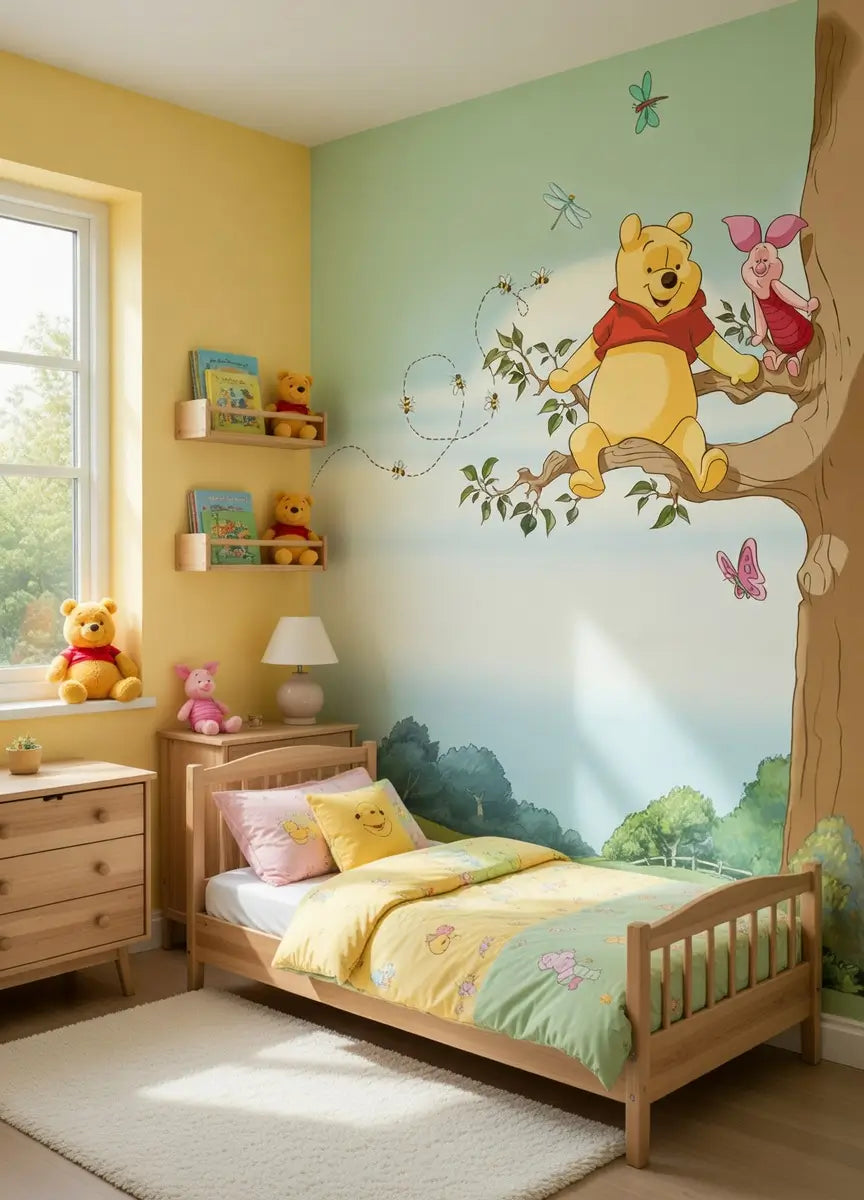 Children's room with Winnie the Pooh mural on the wall