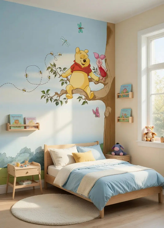 Children's bedroom with Winnie the Pooh mural on the wall