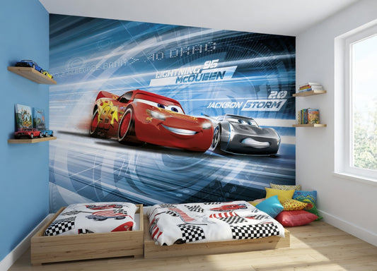 Children's bedroom with a wall mural featuring race cars from the 'Cars' movie.