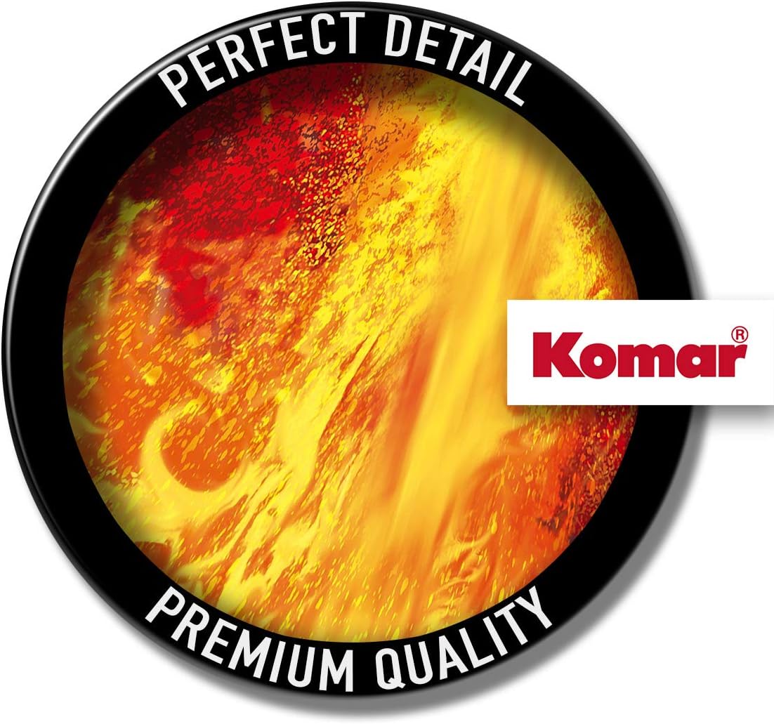 Komar logo with 'Perfect Detail' and 'Premium Quality' text over a fiery background