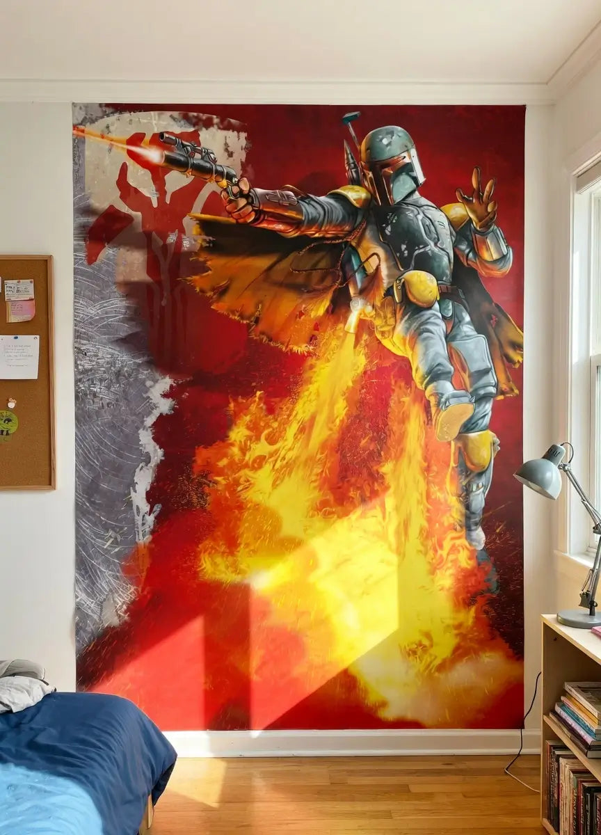 Wall mural of a character in a dynamic pose with fiery background in a room setting.