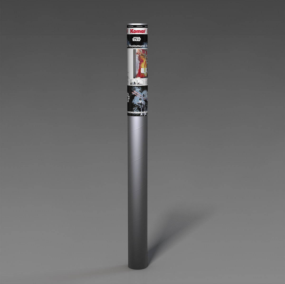 Metallic cylindrical object with a brand label on a gray background
