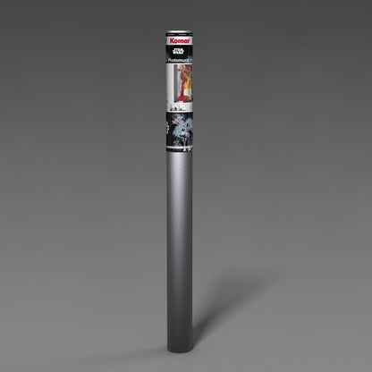 Metallic cylindrical object with a brand label on a gray background
